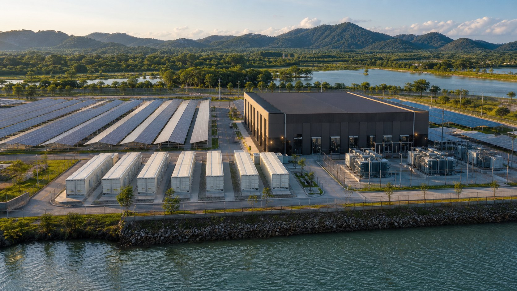 Solar arrays, battery containers, a compute hall and water within one engineered site.