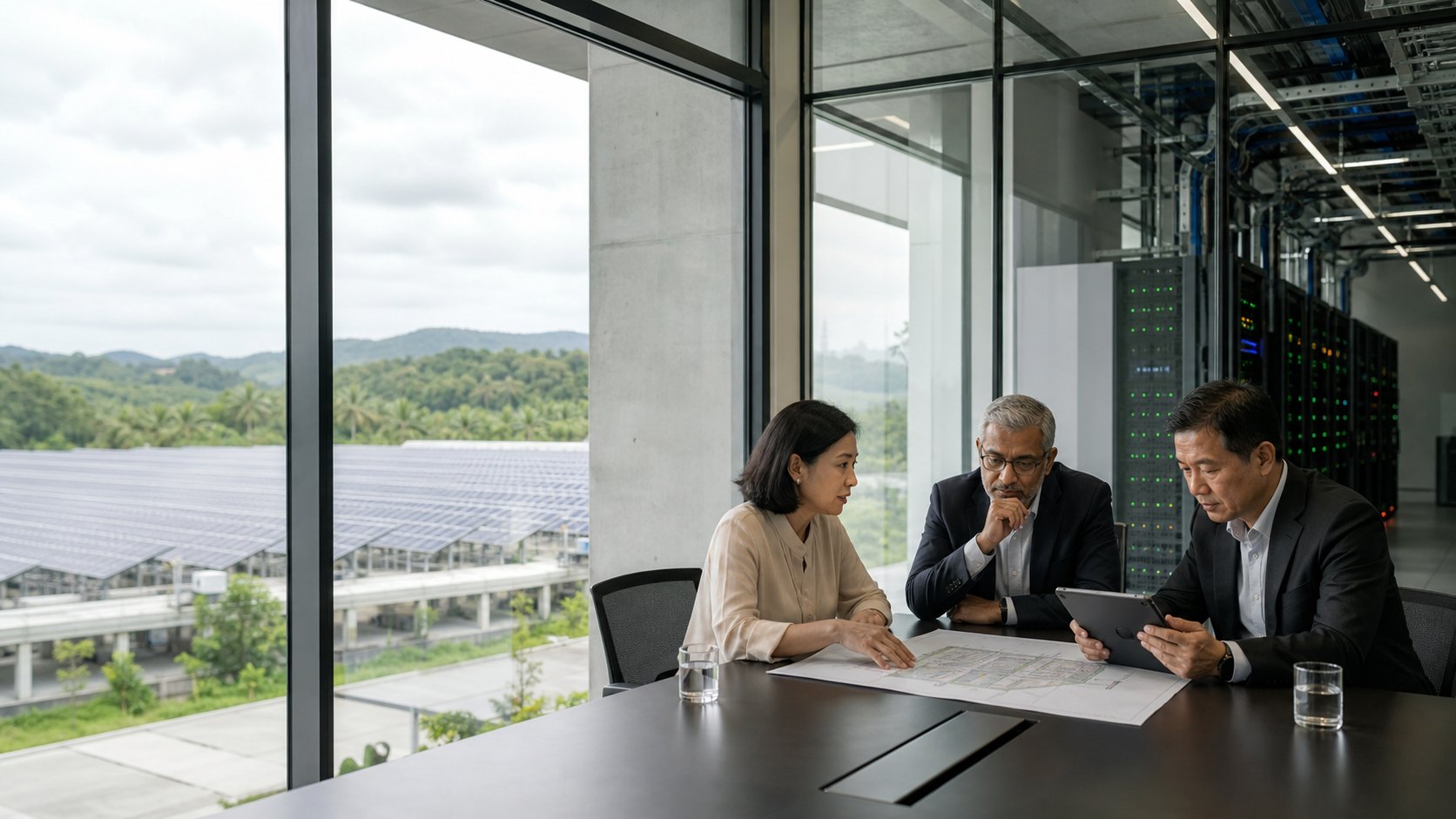 Board members reviewing a site plan beside an operating compute hall and solar field.