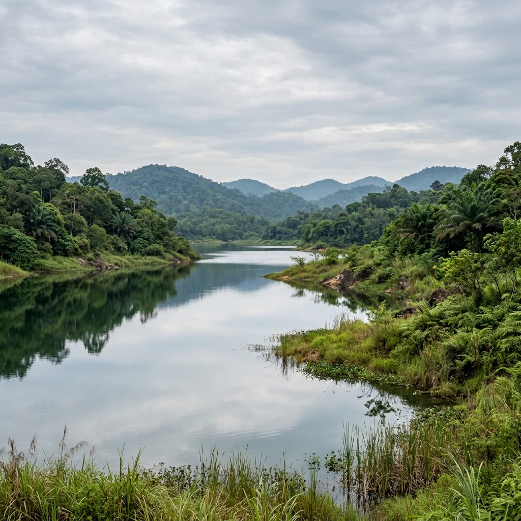 A worked-out mining pond, still and overgrown