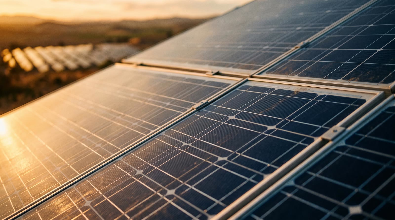 Close view of photovoltaic modules at low sun